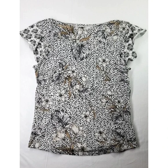 White House Black Market V Neck Top Medium Animal & Floral Print Ruffle Sleeves - Picture 2 of 7